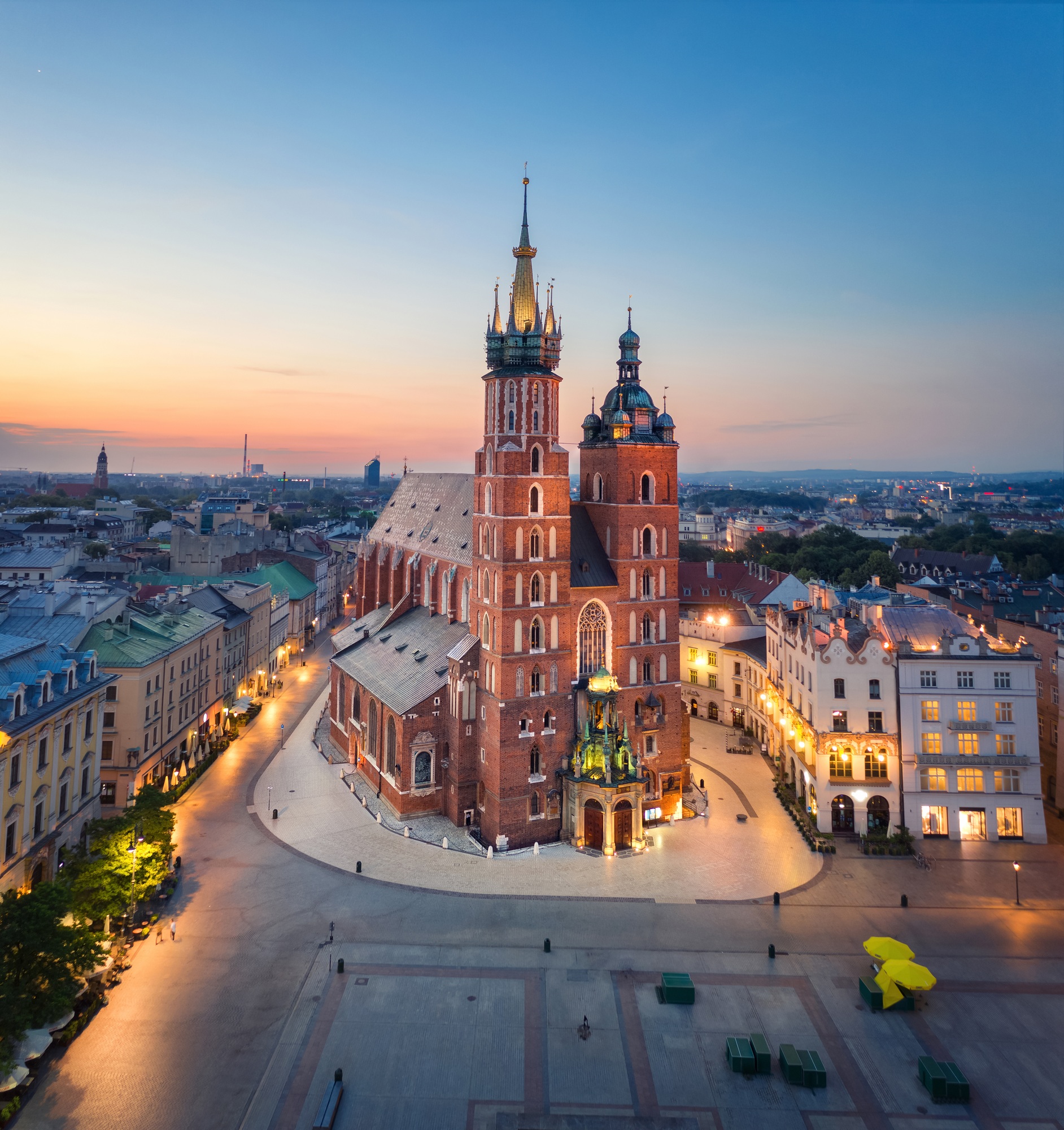 Aerial view of St. Mary's Basilica in Krakow, Poland
